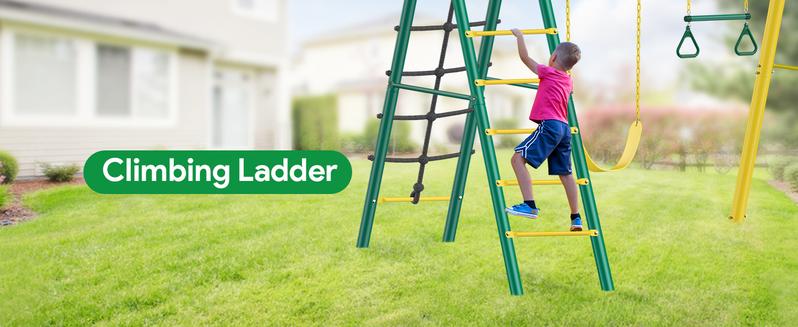 Osoeri Swing Sets for Backyard, 6 in 1 Swing Sets,Heavy-Duty Metal Swing Sets for Backyard with 2 Swings, Climbing Ladder and Nets,Trapeze Bar and Basketball Hoop Osoeri Swing Sets for Backyard, 6 in 1 Swing Sets,Heavy-Duty Metal Swing Sets for Backyard with 2 Swings, Climbing Ladder and Nets,Trapeze Bar and Basketball Hoop