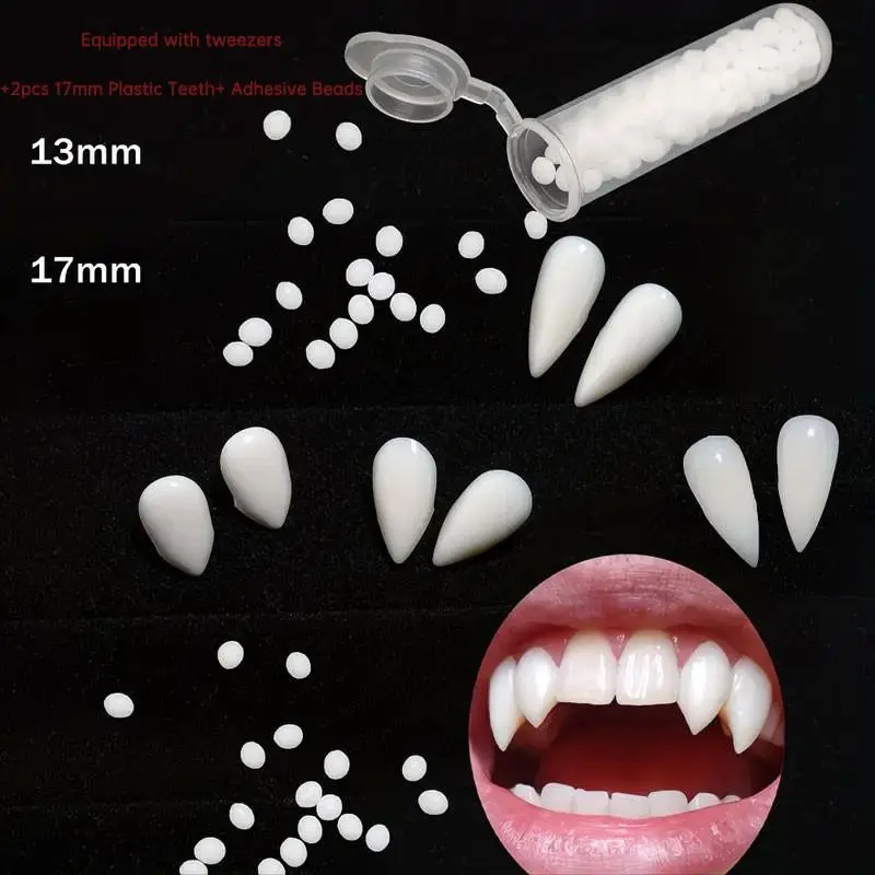 Vampire Fangs Set with Adhesive Beads, 2pcs 17mm Plastic Teeth, Role Play Spooky Halloween Costume Accessory, Fun Party Gift