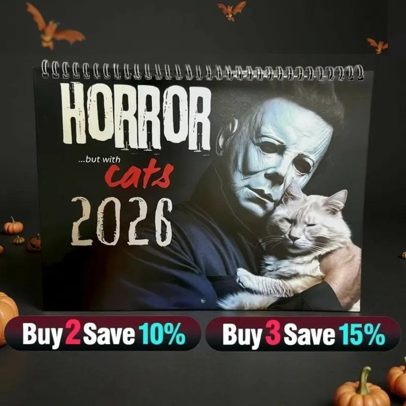 2026 Horror Cat Calendar, Funny Horror Movie Villains and Kitties Wall Planner, 12-Month Scary Cute Home Decor, Fun Gift for Film Lovers