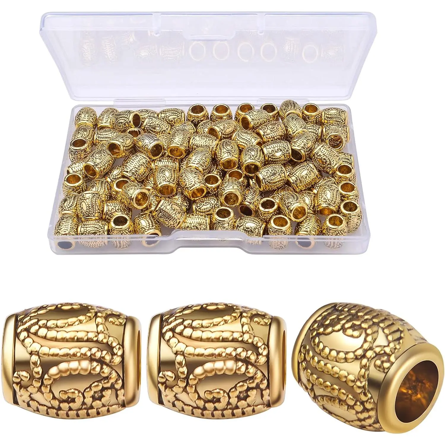 Metal Spacer Beads, 100 count Large Hole Column Tube Beads Loose Rondelle Alloy Tibetan Beads  Craft Supplies with 1 count Plastic Box for  Making, Antique , 8 X 9mm
