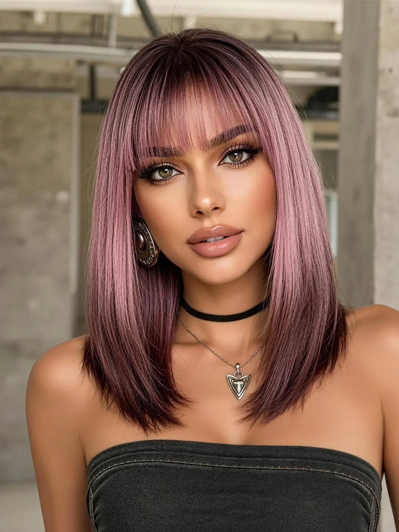 Gradient Bob Wig with Bangs, Synthetic Bob Wigs, 14 Inch Natural Straight Synthetic Hair, Heat Resistant, for Daily Wear, Halloween, Cosplay