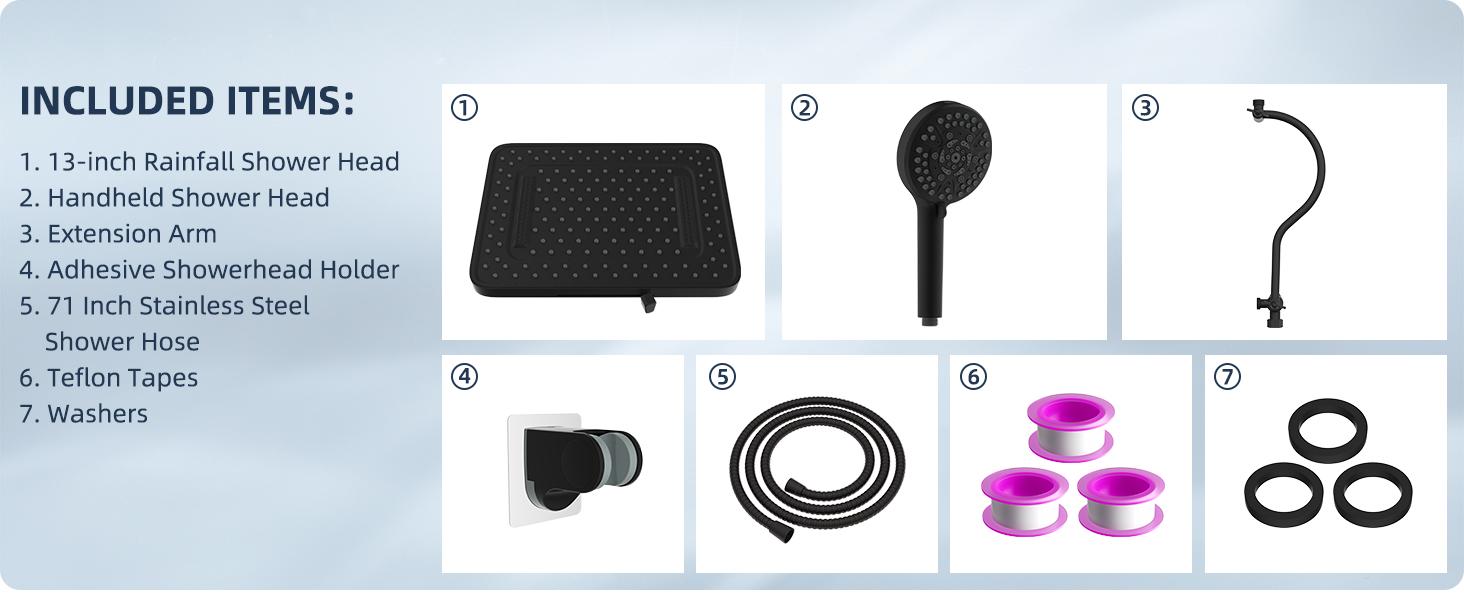 Hibbent Upgraded cUPC Certified 5-spray 13'' Shower Head, High Pressure Rainfall Shower Head, Dual Showerhead Combo with 10-mode Handheld Spray, 12'' Adjustable Extension Arm, 71'' Hose, Shower Holder, Matte Black