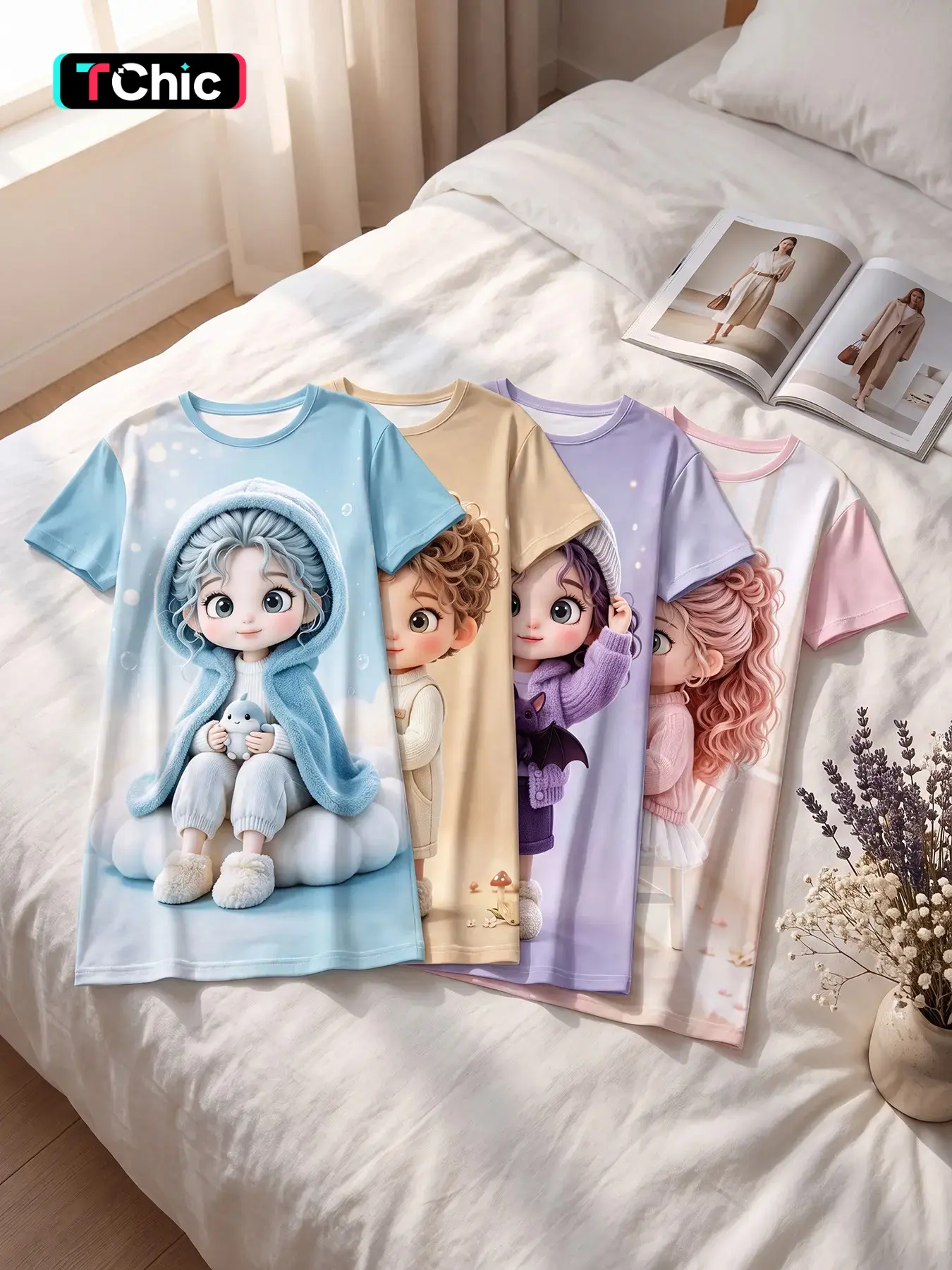 4 Pack Women’s Short Sleeve Crew Neck Sleep Dress, All Season Wear, Multi-color Block Trendy Cartoon Set, Fun Graphic Nightgown for Home Work, OOTD Shooting and Casual Daily Stay