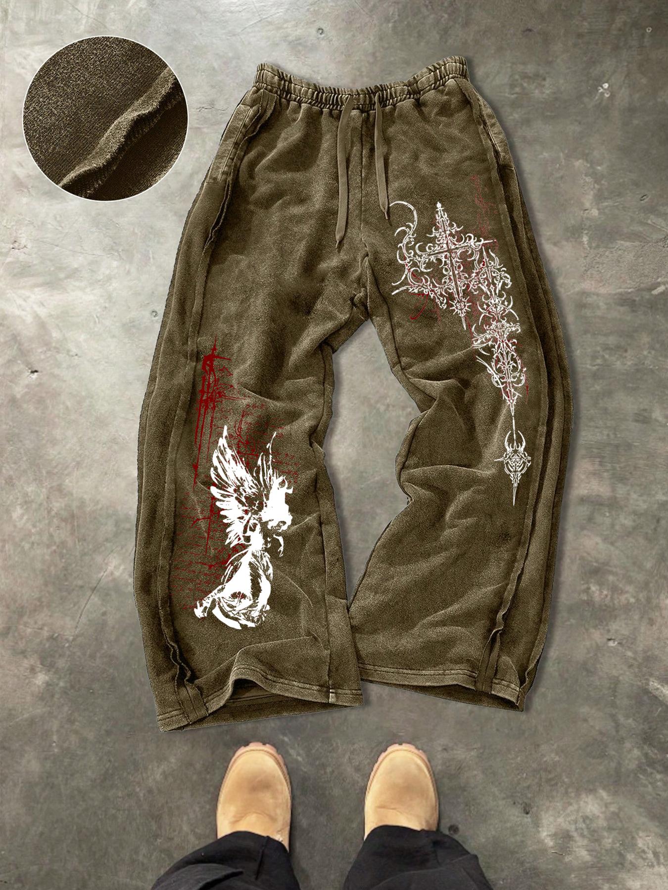 Men's Washed Cotton Sweatpants with Side Hem Stitching Design, Gothic Print Pattern, Comfortable Casual Pants for Daily Wear