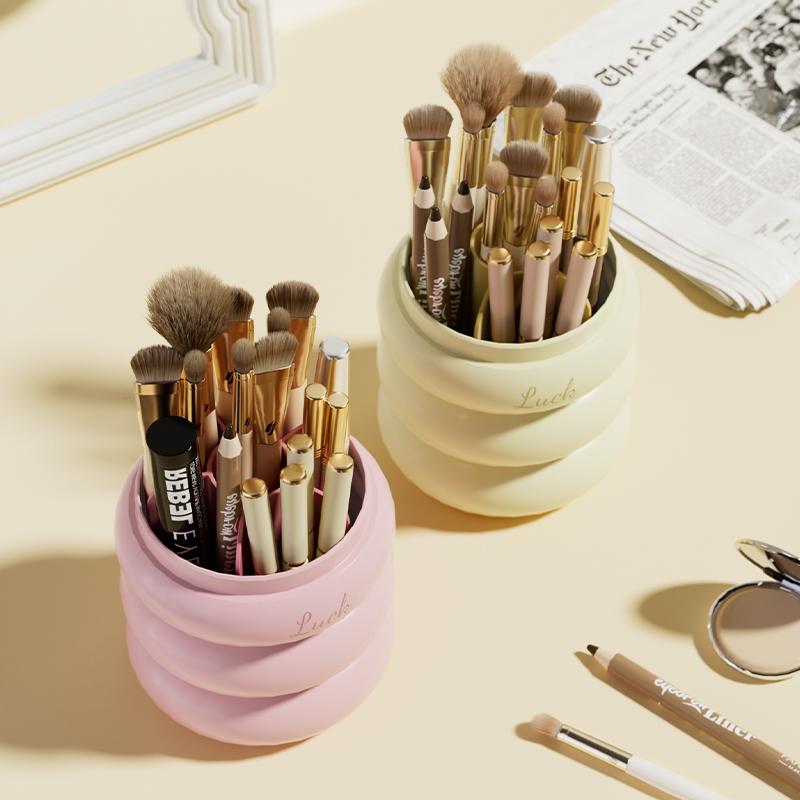 360° Rotating Makeup Organizer with Clear Dustproof Lid – Rabbit Ear Design, Multi-Layer Storage for Brushes, Lipsticks, and Skincare, Polished Finish, Countertop Vanity Organizer