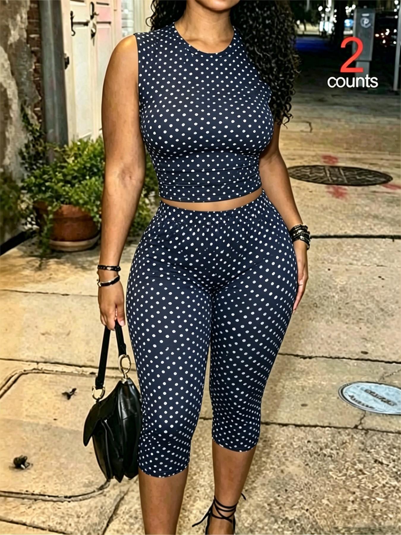 2-Piece Set, European and American Style Chic Sleeveless Halter Top, Matching Polka Dot Shorts, Comfortable and Versatile, Perfect for Summer