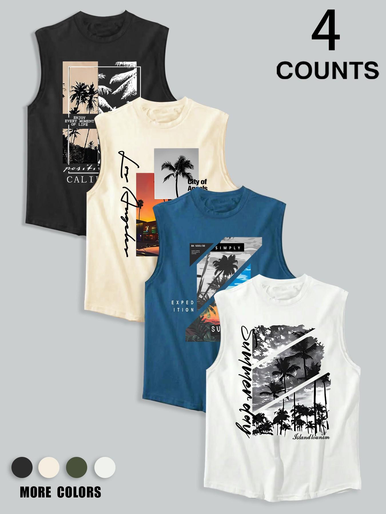 Men's 4-Pack Palm Tree & City Scene Graphic Sleeveless Tank Tops, Summer Vacation Casual Athletic Vests, Beach Streetwear #SummerStreetwear #PalmTreeTank #BeachWear #MensAthleticWear #TikTokMadeMeBuyIt