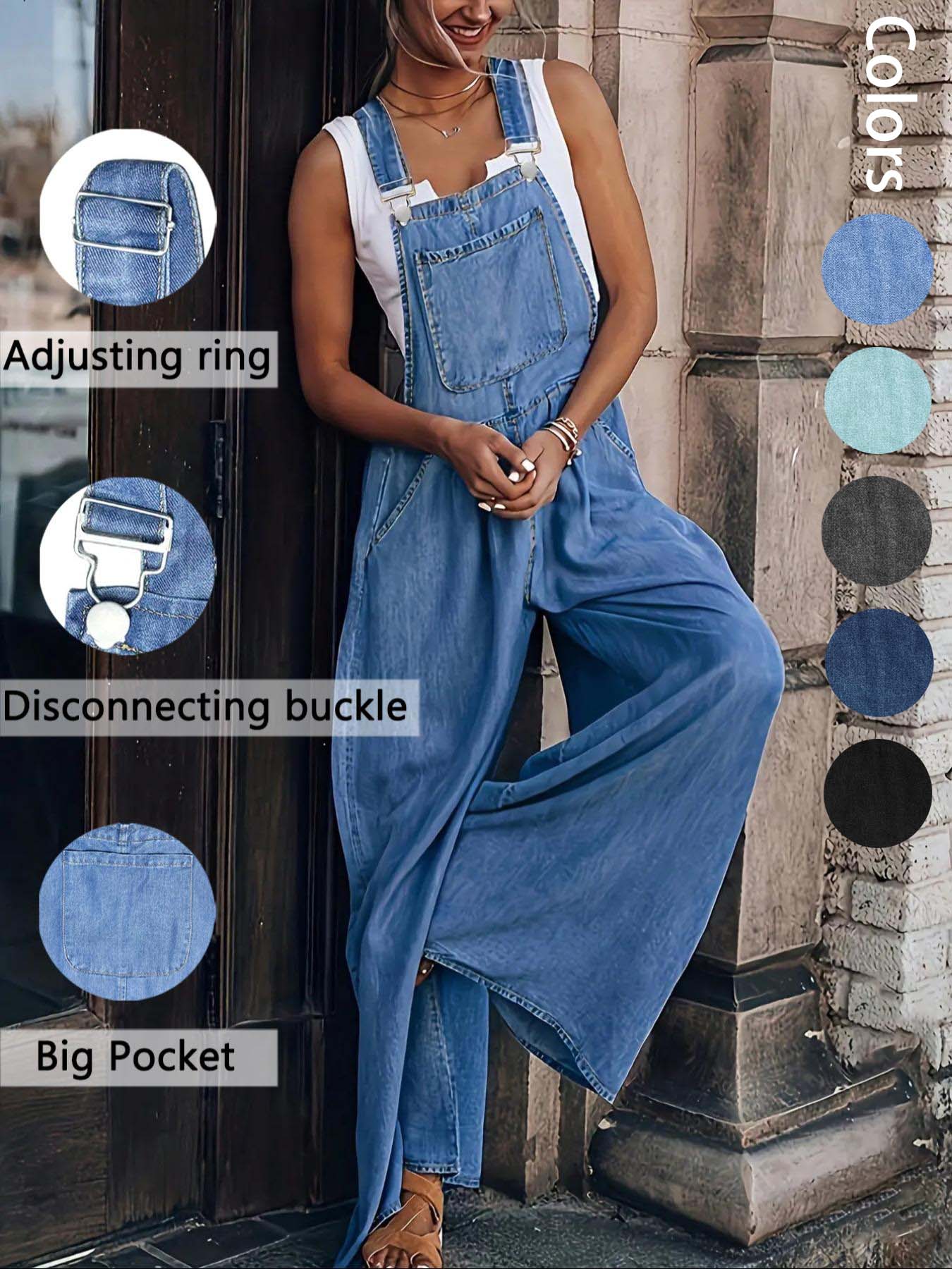 Women's Denim-Effect Pleated Wide-Leg Overalls, Chic Casual Square-Neck Style with Pockets for Daily and Outdoor Wear, Ladies' Clothes for All Seasons, Womenswear