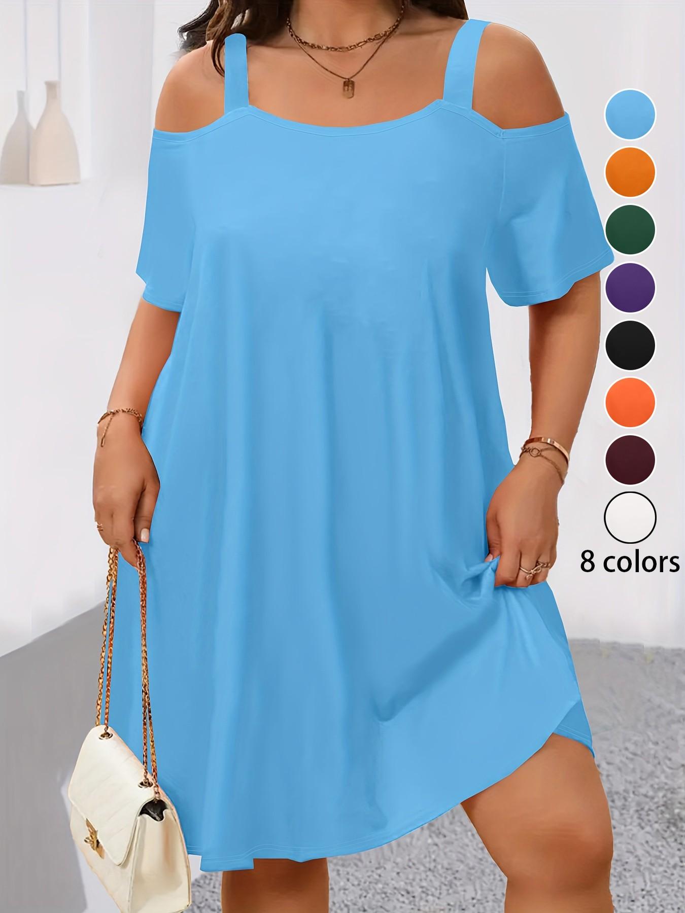 Plus Size Women's off Shoulder Strapless Dress, Loose Fit Slimming Short Sleeve T-Shirt Dress, 8 Colors Available, Casual Everyday Wear, Womenswear