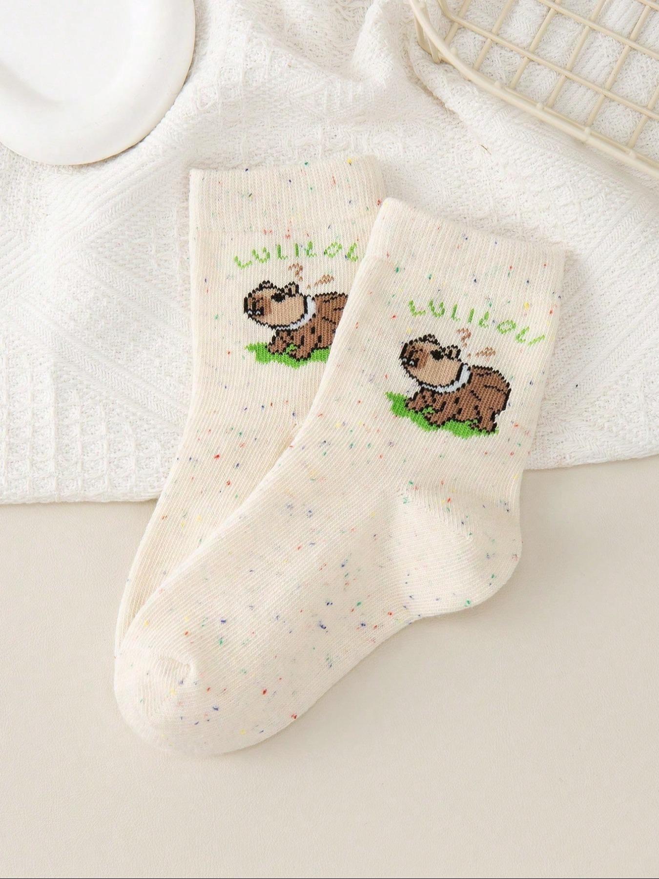 5 Pairs Kids Socks, Student Mid-Calf, Shark Pattern, Banana Monkey Cartoon, Fun Personality, Soft Comfortable, Daily Wear