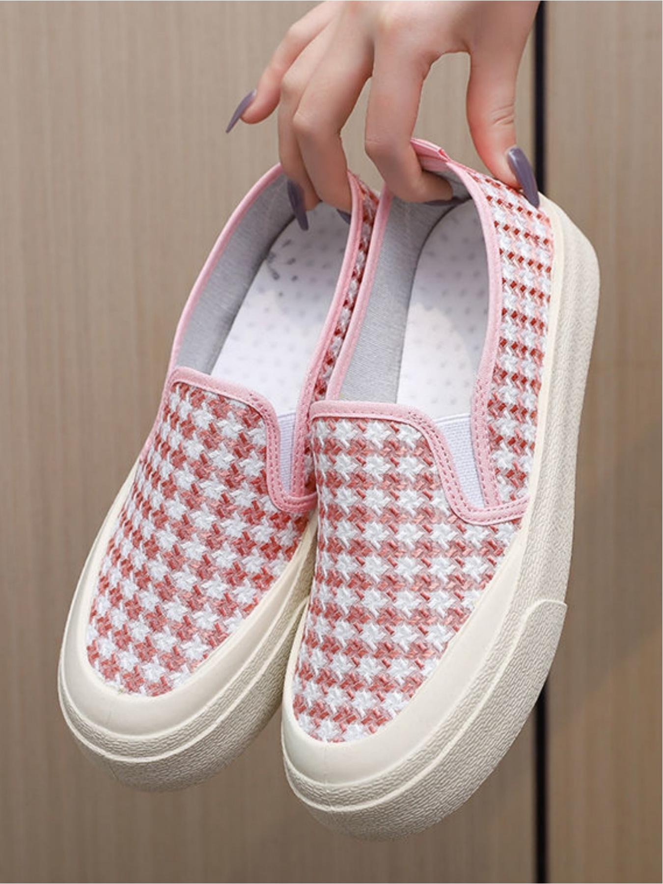 Ladies' casual sports shoes, thick soled canvas shoes, woven upper soft, skin friendly, breathable and comfortable, classic and fashionable plaid pattern, versatile and preferred for daily commuting, leisure shopping and shopping