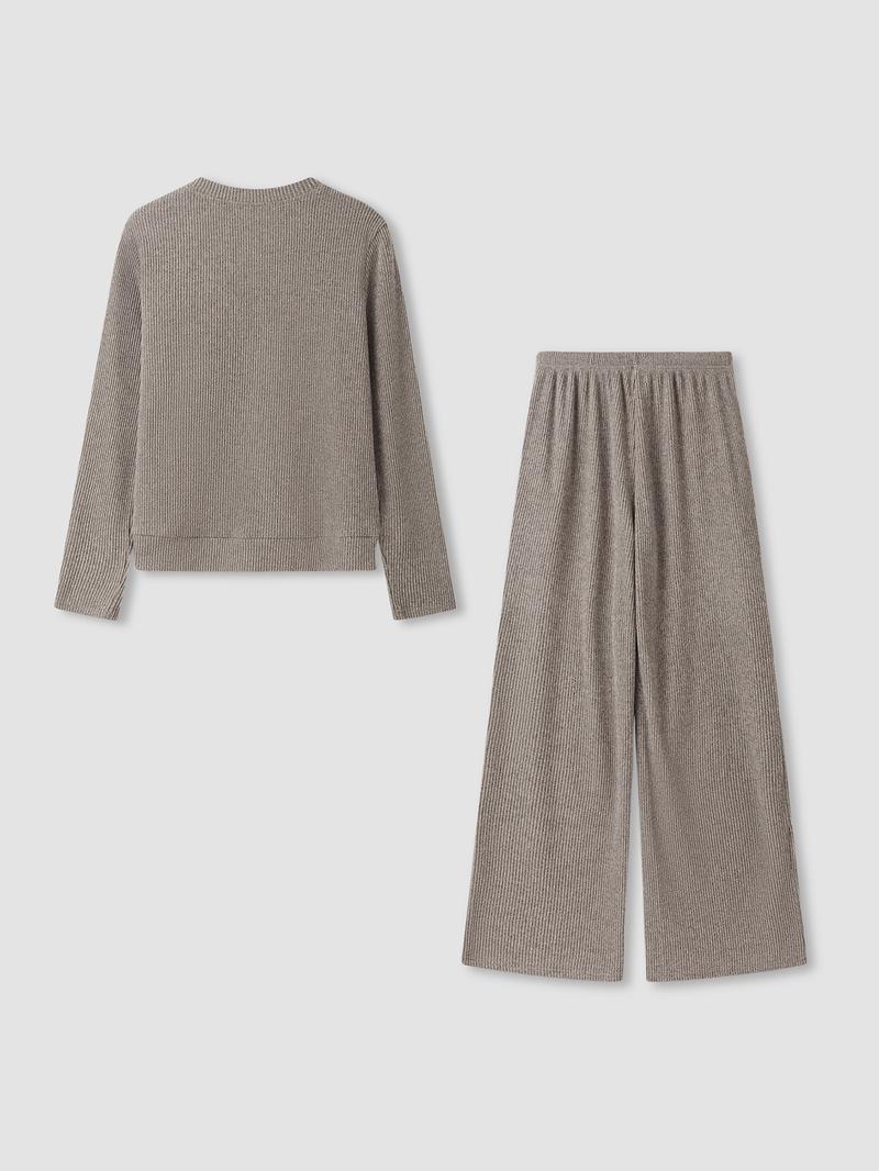 Women's Casual Comfortable Round Neck Long Sleeve Knit Sweater Set, High Waist Versatile Wide Leg Pants, 2 Piece