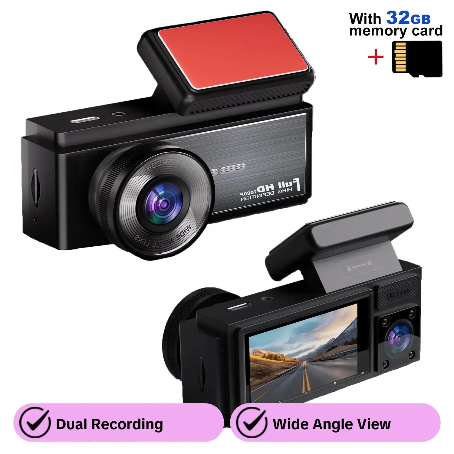 Dual Recording Dash Camera for Car, Car Dashcam with 32GB Memory Card, Wide Angle Dash Cam, Portable Car Camera, Dashcams for cars, Car DVR Camera with IPS Screen, Dash Camera for Cars