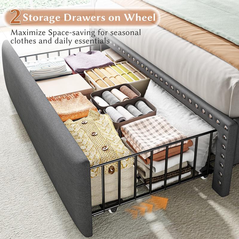 Luxury King/Queen/Full Bed Frame with Storage Shelf & 2 Drawers,NO MATTRESS, Upholstered Bed Frame with LED &Power Outlet, Holds 1000lbs, No Noise, Metal Frame & Wood Slats