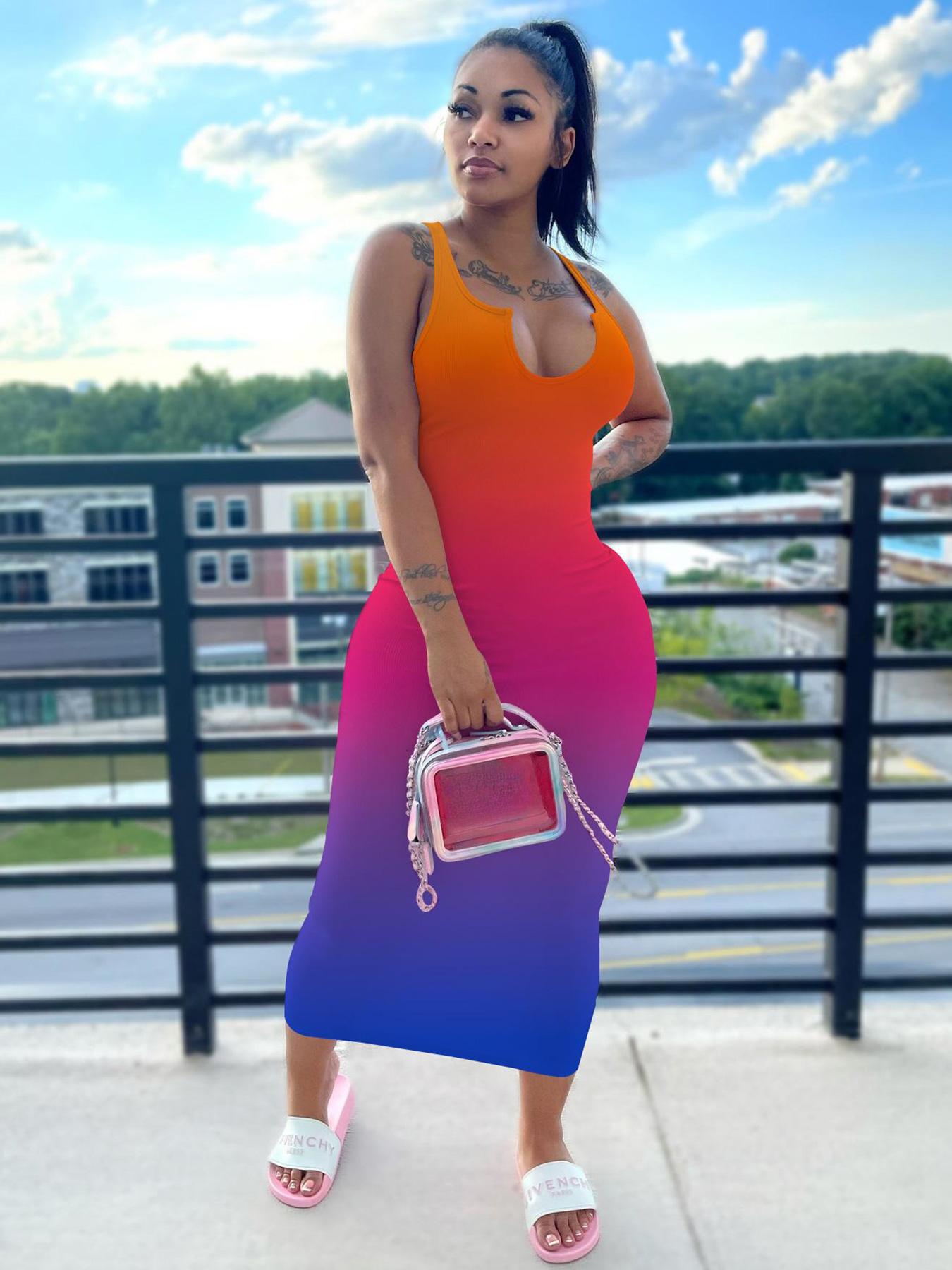 Women's Sexy Plain Notched Neck Bodycon Tank Dress, Casual Basic Minimalist Comfort Long Dress for Lady Party Club Beach, Sleeveless Dresses for Women, Clothing, Lady Casual Wear, Vow Renewal Party Pink Dress, Womenswear, Nightclub, Summer Womenswear