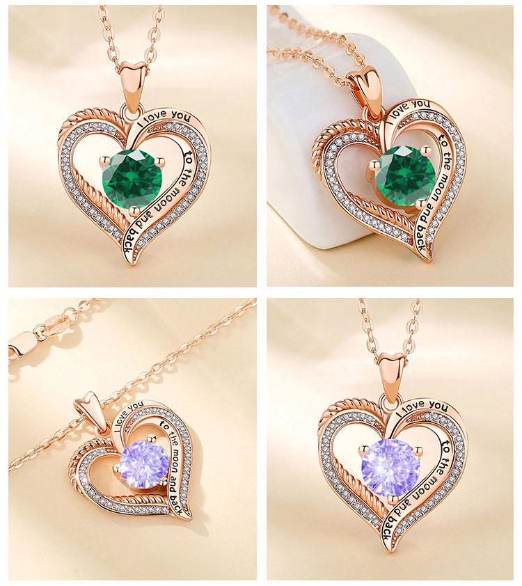 Elegant Birthstone Heart Necklace with Engraved I Love You to the Moon and Back, Rose Gold Heart Pendant, Bridesmaid & Lover Gift