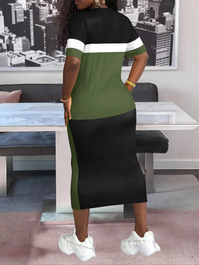 Women's Colorblock Print Two-piece Set, Casual Fashion Cozy Round Neck Tee & Skirt for Daily Outdoor Wear, Women Clothing for Spring Fall, Casual Matching Set