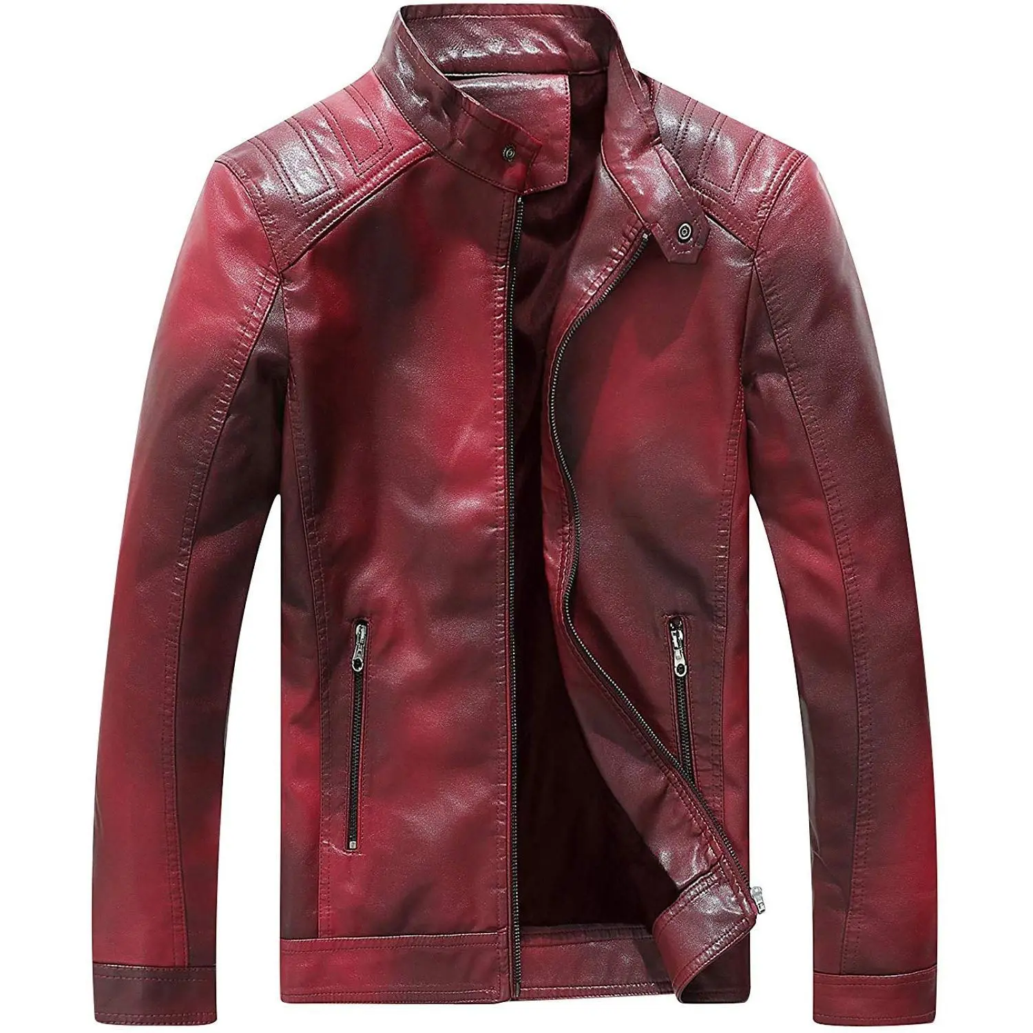 Men's Fitted Vintage Faux Leather Stand Collar Motorcycle Biker Bomber Jacket - Pull-On, Long-Sleeve Polyester, Modern Design, Streetwear Attitude, Damp Wipe Only, Cool Iron, Zipper, Streetwear Clothing, Male Clothing