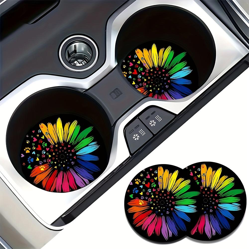 [Car Cup Coaster] 2pcs Colorful Sunflower Pattern Car Coaster, 2.755-inch Round Decorative Car Coaster, Home And Car Water Cup Mat, Beverage Mat, Men'S And Women'S Car Interior Accessories, Colorful Heart And Dog Claw Print Decorative Coaster