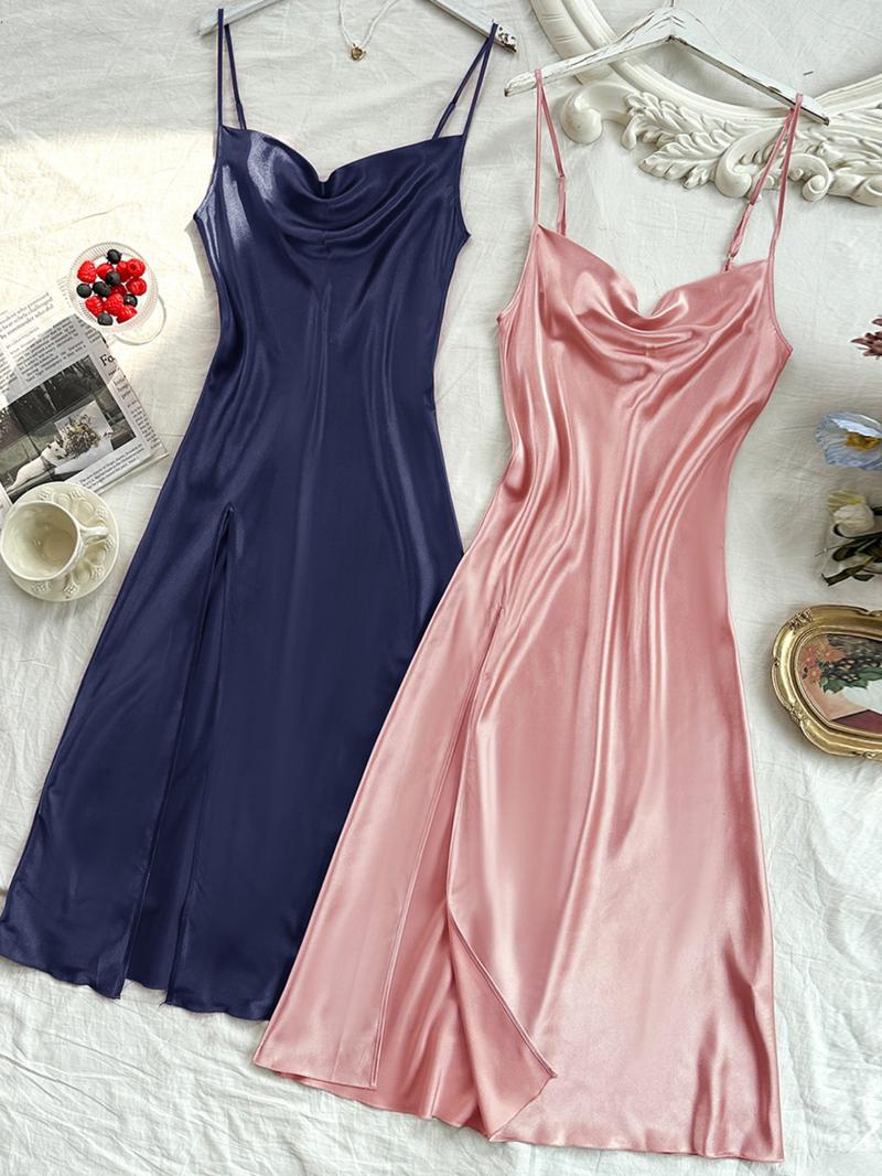 Women's Solid Draped Cowl Neck Cami Nightdress, Casual Comfy Adjustable Spaghetti Strap Nightgown, Ladies Sleepwear for All Seasons, National Day Offers