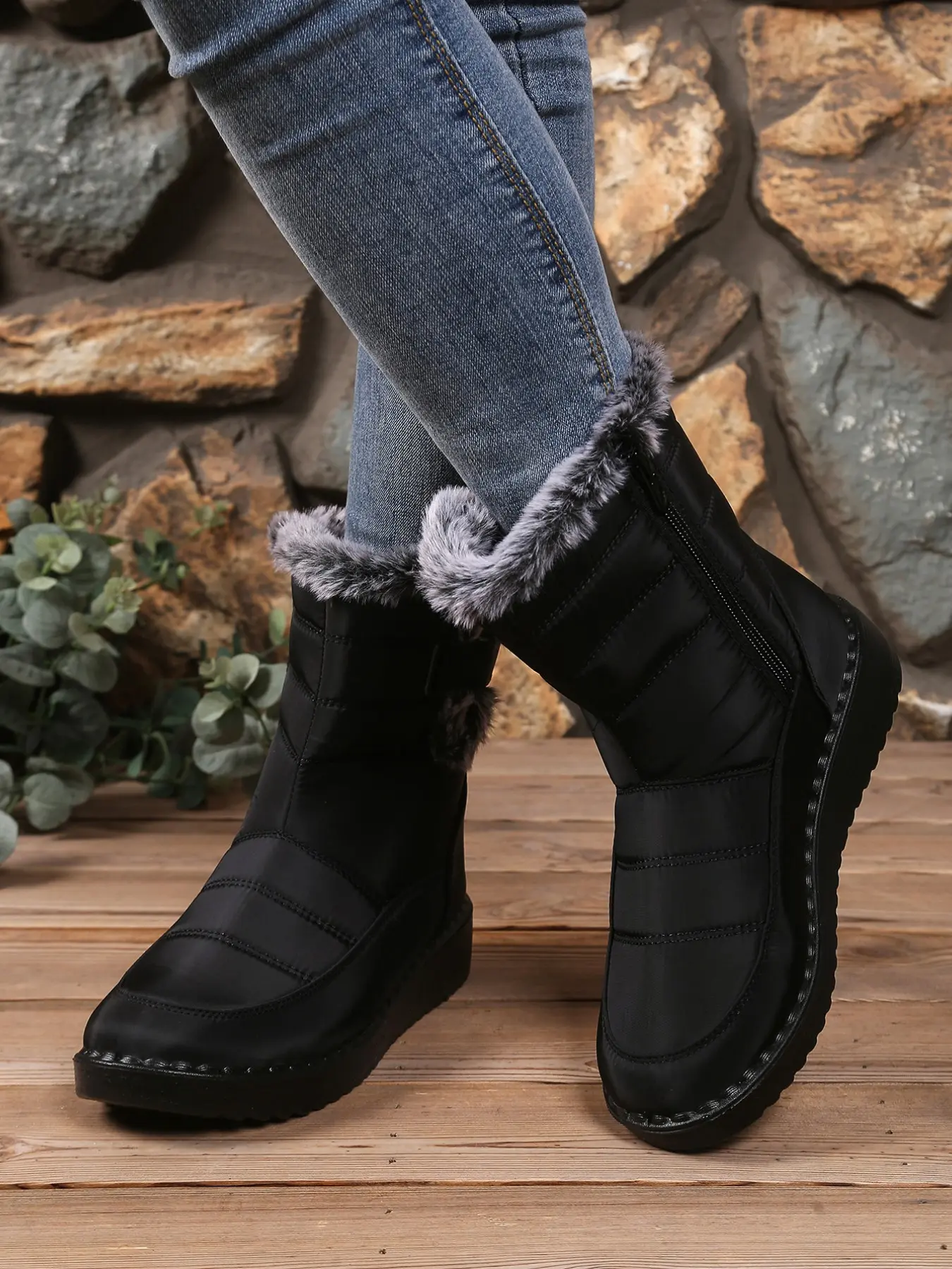 Women's Fashion Comfortable Thickened Raincoat Fabric Side Zipper Slip-On Mid-Calf Boots, New Outdoor Cold-Proof Lightweight Warm Snow Boots