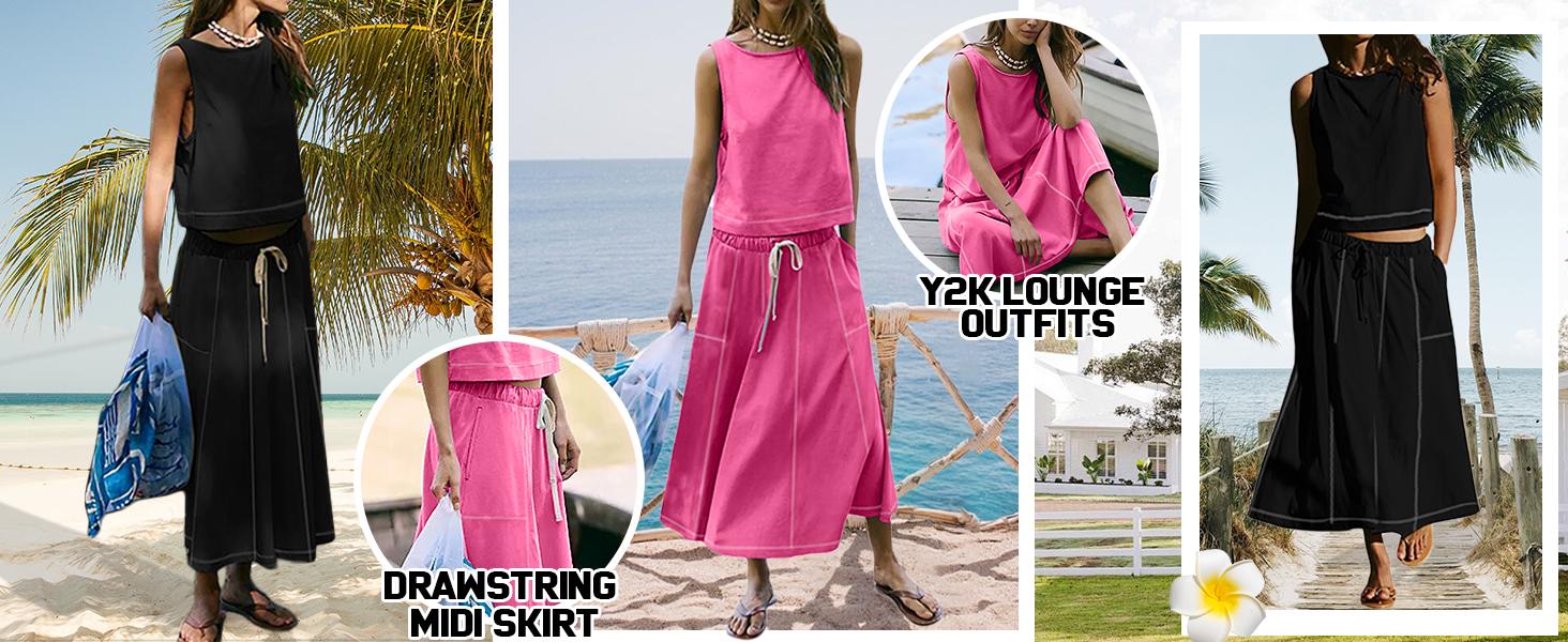 UANEO Women's Two Piece Venetia Skirt Set Summer Casual Matching Outfits Pockets Sleeveless Cropped Top Elastic Waist Midi Flowing Maxi Skirt