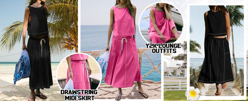 UANEO Women's Two Piece Venetia Skirt Set Summer Casual Matching Outfits Pockets Sleeveless Cropped Top Elastic Waist Midi Flowing Maxi Skirt