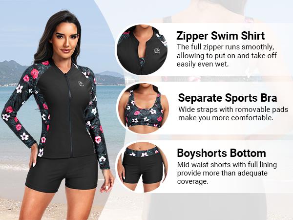 Holipick Long Sleeve Swimsuits for Women - Three Piece Rash Guard with Shorts Zipper SPF Swim Shirt with Built in Bra