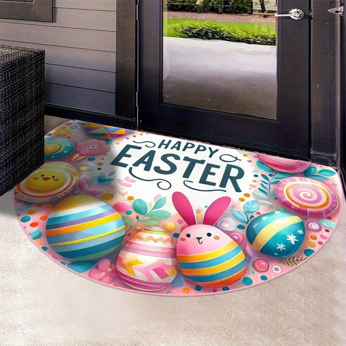 Easter Egg Bunny Pattern Half Round Door Mat, Festive Soft Bottom Durable, Indoor Outdoor Use, Living Room Kitchen Bedroom Balcony Decor, Easter Theme