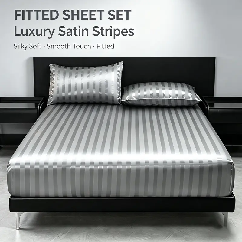 High‑Gloss Satin Fitted Sheet Set, Classic Vertical Striped Appearance, Complete Bedding Set with Fitted Sheet and Pillowcases, Ideal for Bedroom, Dorm and Holiday Guest Room