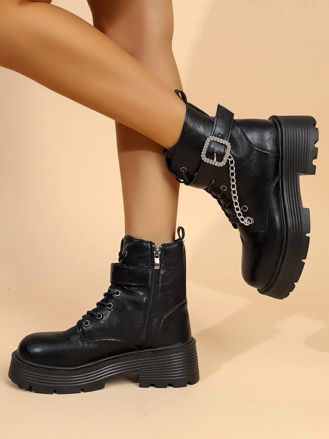 Women's Rhinestone Square Buckle Chain Thick Sole Fashion Short Boots, Vintage Distressed Leather Side Zip Work Boots