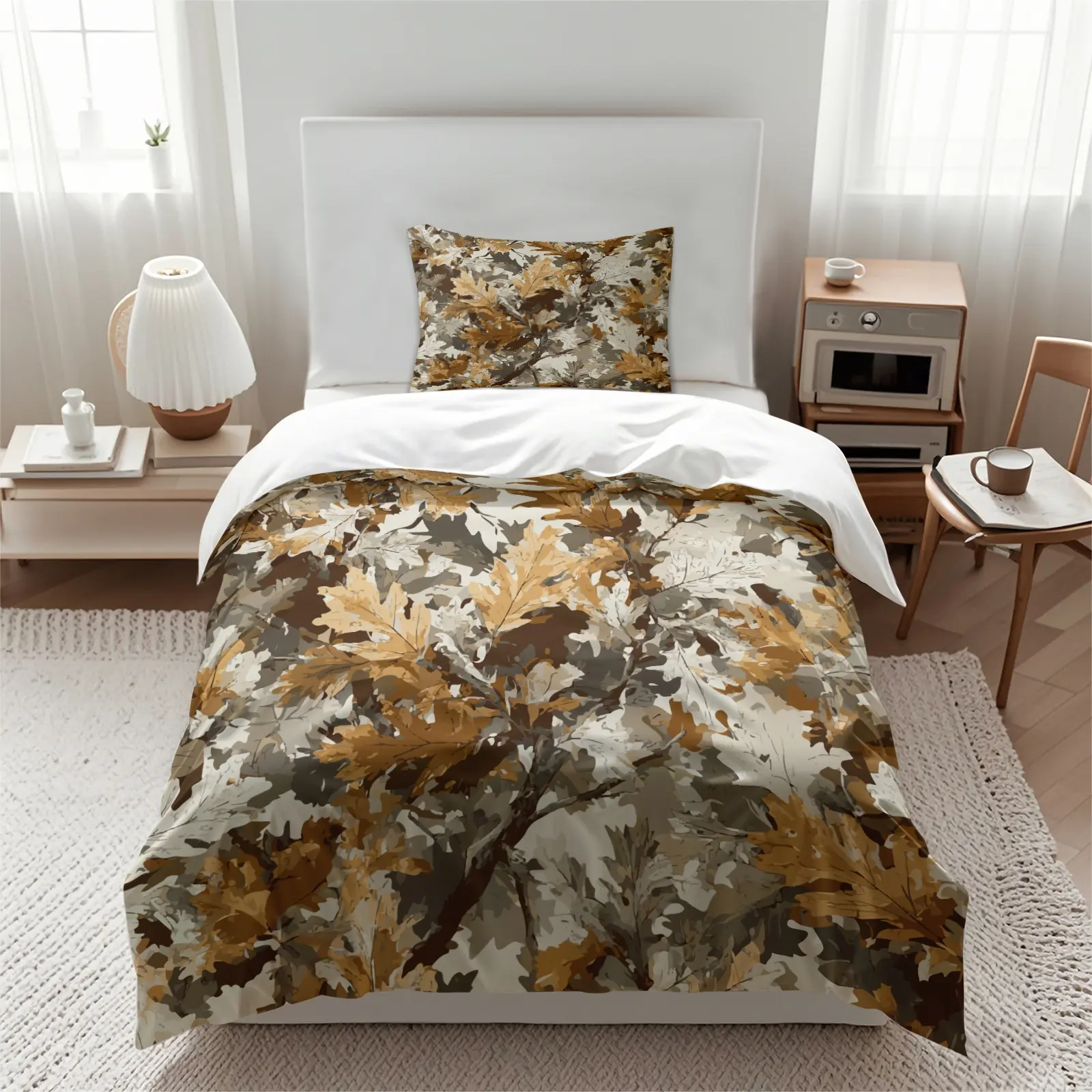 Rustic Hunting Forest Camo Duvet Cover Set, Includes 1 Duvet Cover and 1-2 Pillowcases, Woodland Forest Leaf Camouflage Print Bedding Set, Outdoor Hunter Themed Bedroom Decor for Cabin, Farmhouse & Masculine Men Spaces, Comfy Bedding Set