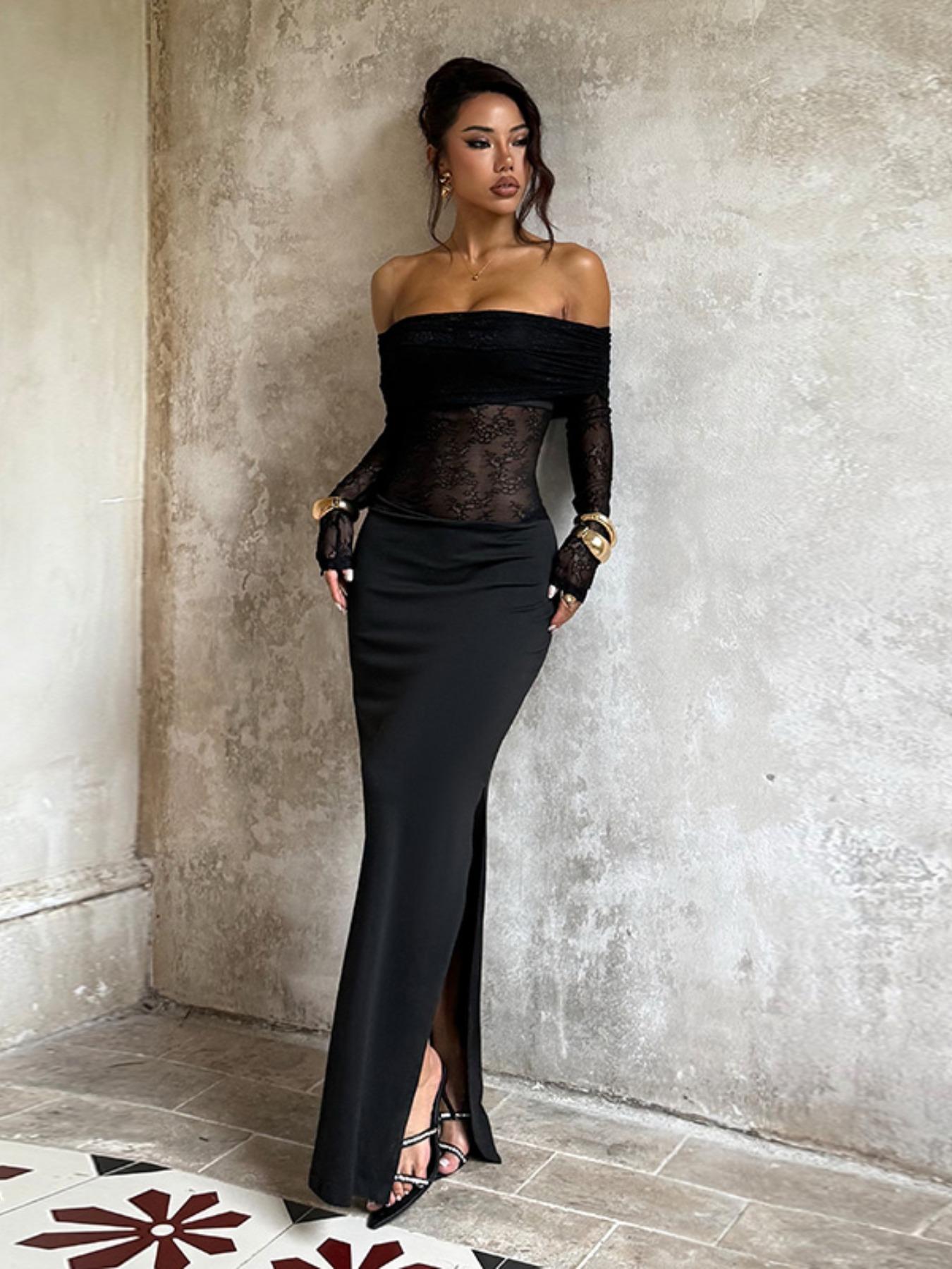 One Shoulder Lace Patchwork Slit Long Dress, Elegant Evening Gown, Stylish Party Wear, Women's Fashionable Clothing