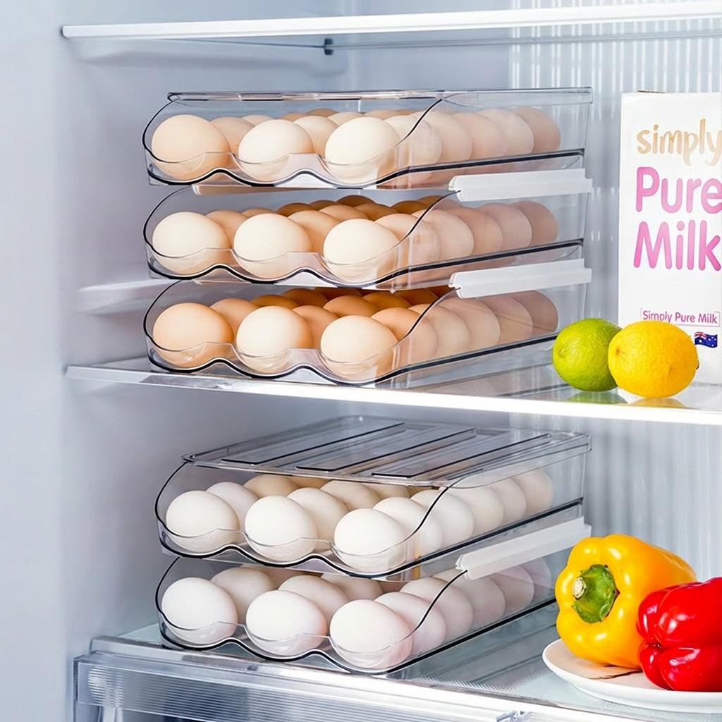Egg Holder for Refrigerator, Automatic Rolling Egg Dispenser with Lid, Stackable Storage Rack, Transparent Plastic Egg Tray 2-Tier/3-Tier