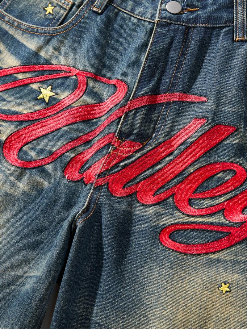 Men's American Vintage Washed Embroidered Jeans, Loose Straight Leg Pants, Trendy Embroidery Craft, Casual Versatile Gift Recommendation