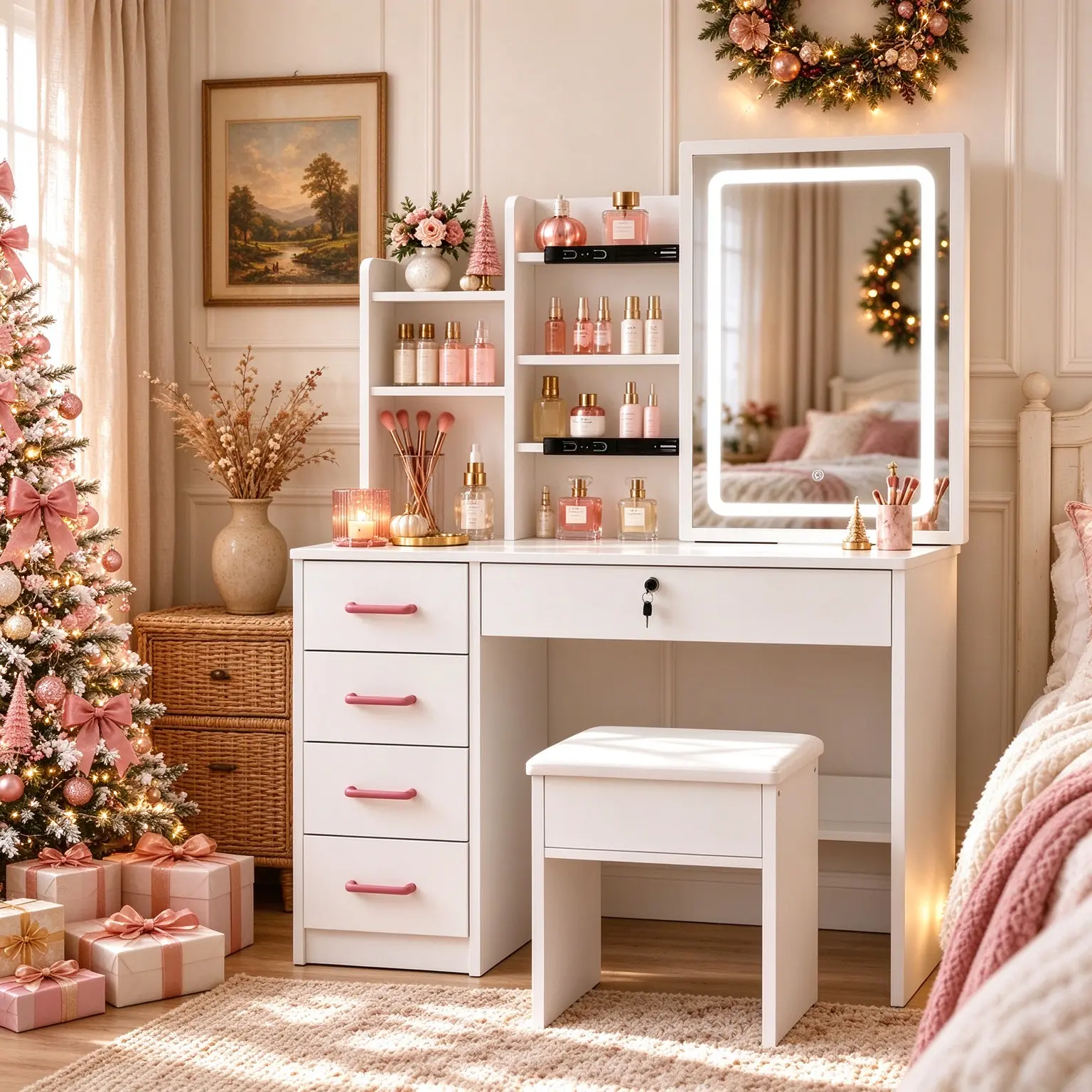 White Makeup Vanity Desk With Sliding LED Mirror, Touch-Dimmable Lighting, Hidden Storage, 5 Drawers Including 1 Lockable Drawer & Open Shelves, 35.4"W X 15.7"D X 53.1"H, Space-Saving Vanity Table For Bedroom, Dorm & Small Spaces