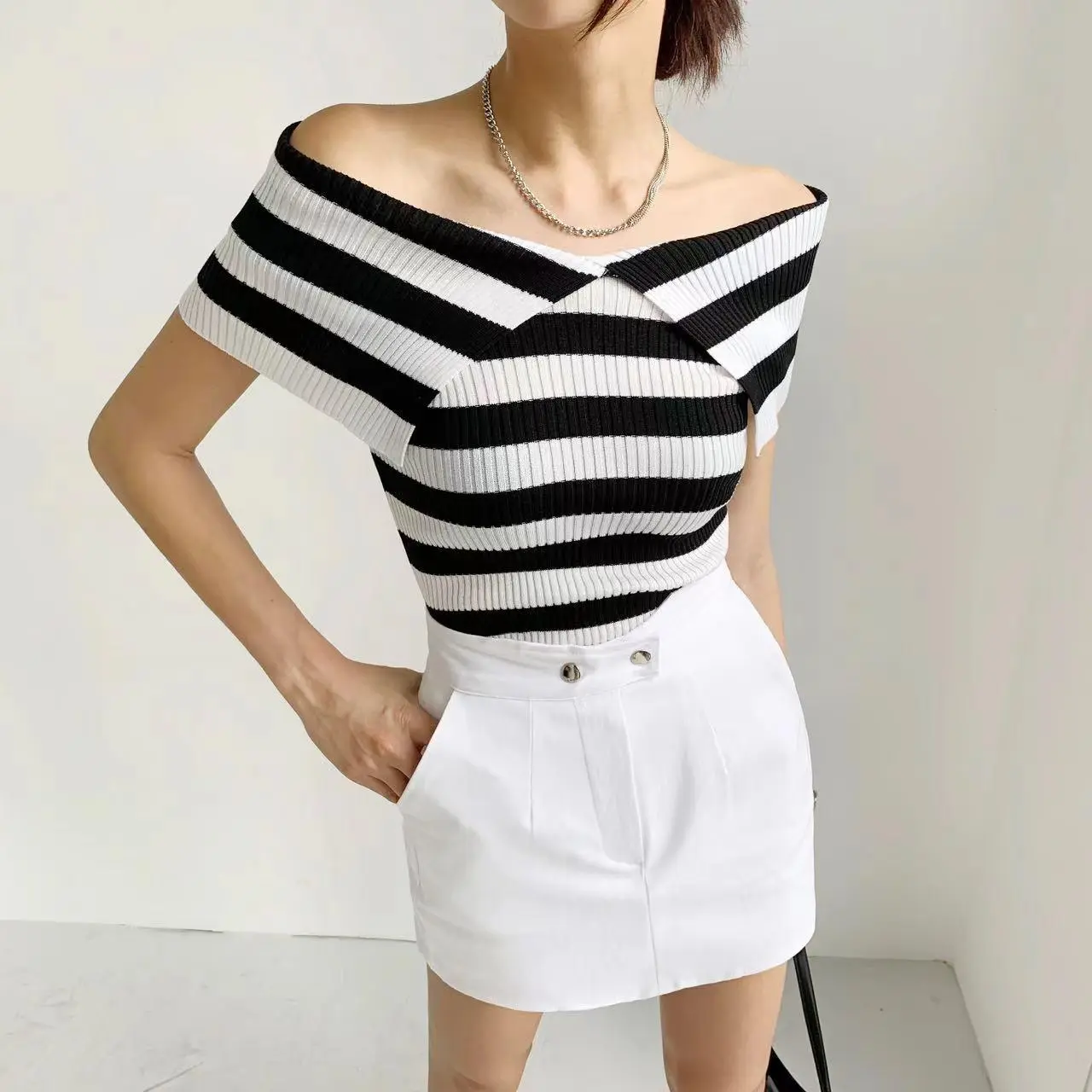 Off The Shoulder Striped Ribbed Knit Top Fold-over Bardot Top Pullover Sweater Tee Women Minimalist Feminine Spring Summer 2026