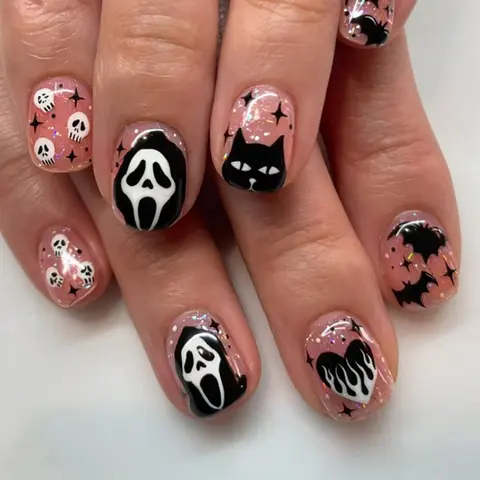 24pcs Short Square Nails, Cartoon Prints, Halloween Theme, Includes Jelly Glue & Nail File, Perfect for Parties, Dance, Daily Use, Nail Art Set