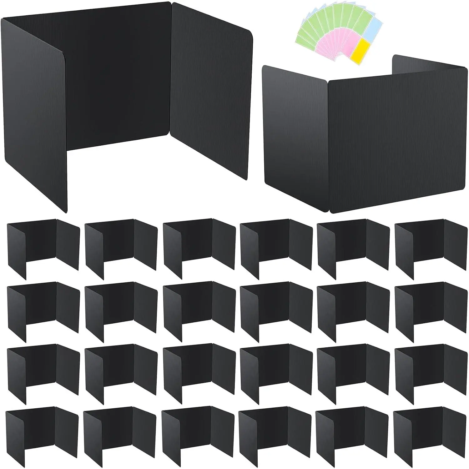 24-Pack Foldable Corrugated Plastic Desk Dividers for Students, Sturdy Space Divider Shields with Included Stickers, Easy-to-Clean Classroom Office Filing Supplies, Black