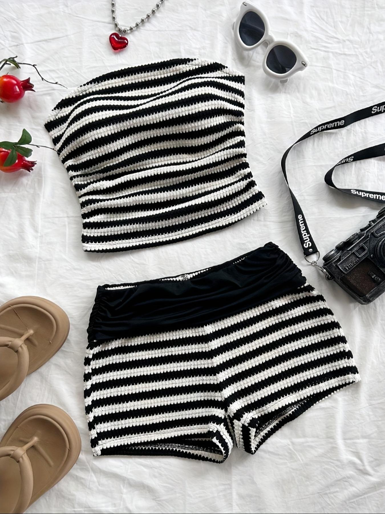 Two-piece Set Women's Striped Print Tube Top & Shorts, Casual Top & Shorts for Beach Vacation Holiday, Ladies Two-piece Outfits for All Seasons, Clothes, Womenswear, Summer Sleep Set