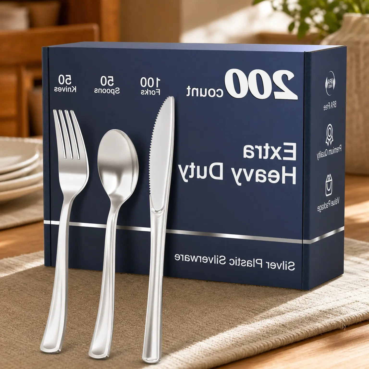 200 Count Heavy Duty Silver Plastic Silverware Set | 100 Forks, 50 Spoons, 50 Knives | BPA-Free, Heat Resistant, Disposable Cutlery Utensils, Bulk PlasticwareGift