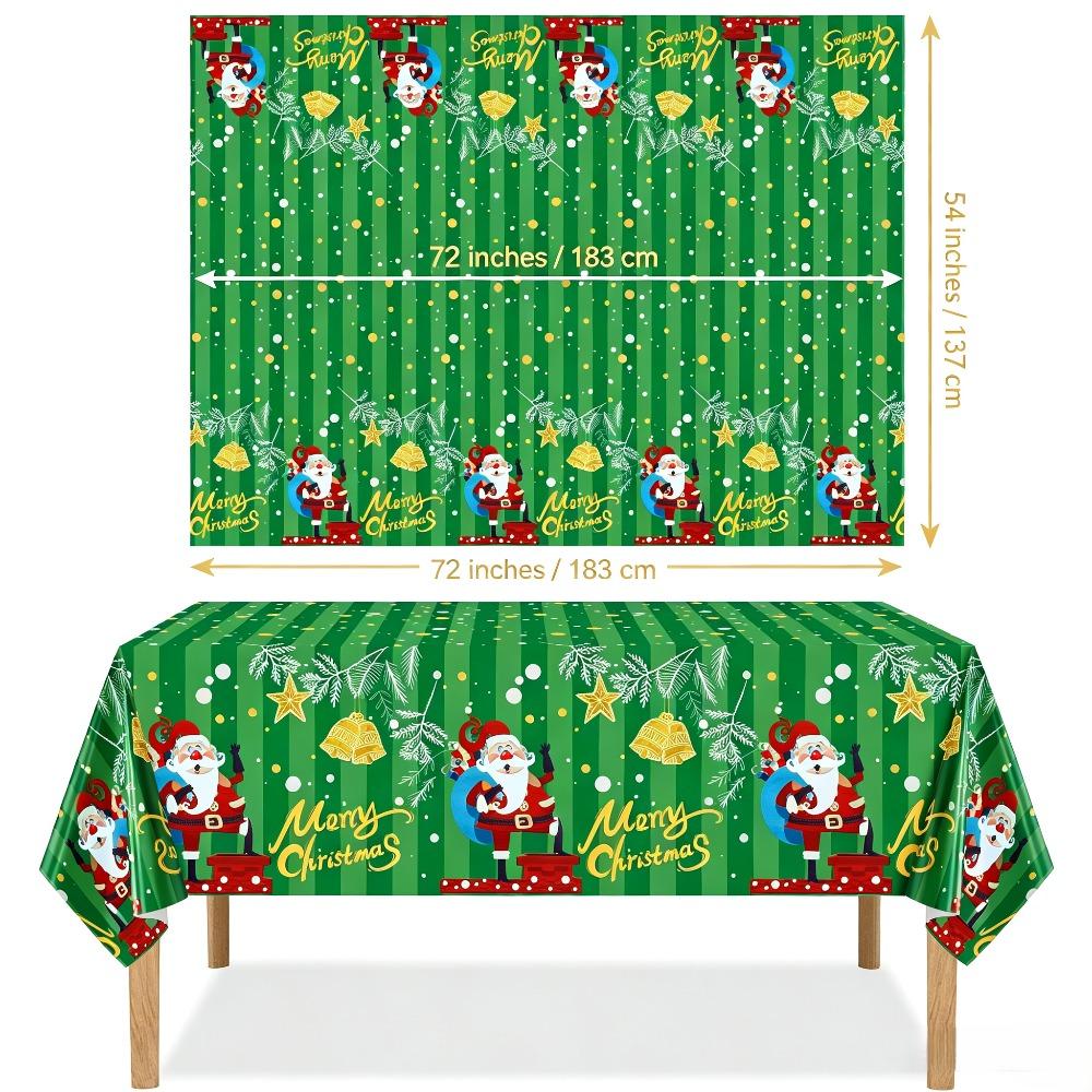 1/3 Pcs Disposable Waterproof Aluminum Foil Christmas Rectangle Tablecloth, 54×72/54×108 Inch Green Stripe Santa Bell Merry Christmas Print Decorative Table Cover for Holiday Dinner, Family Gathering and Christmas Party Decorations