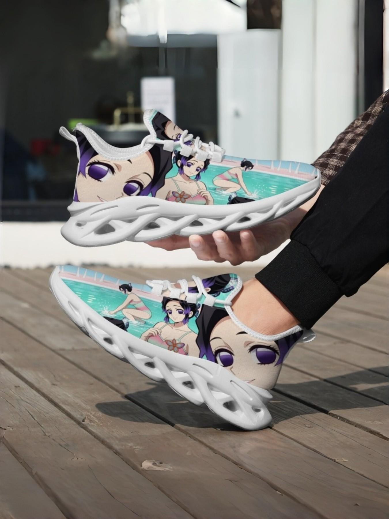 Unisex Anime Style All-Over Print Sneakers, Breathable Mesh, High Elastic Shock Absorption, Anti-Slip Eva Sole, Casual Outdoor Shoes