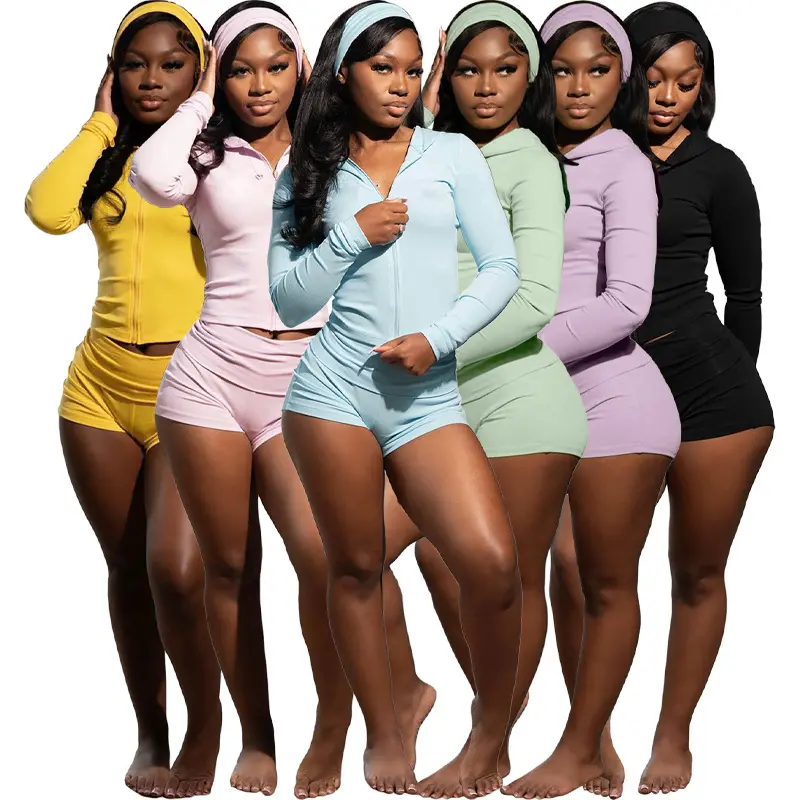 Women European Fashion 3 Piece Outfit Set, Zip Up Hooded Long Sleeve Top Cuffed Shorts Matching Tracksuit With Headband, Casual Trendy Loungewear Co Ord Set, Comfort Streetwear Matching Set For Daily Workout Travel Going Out