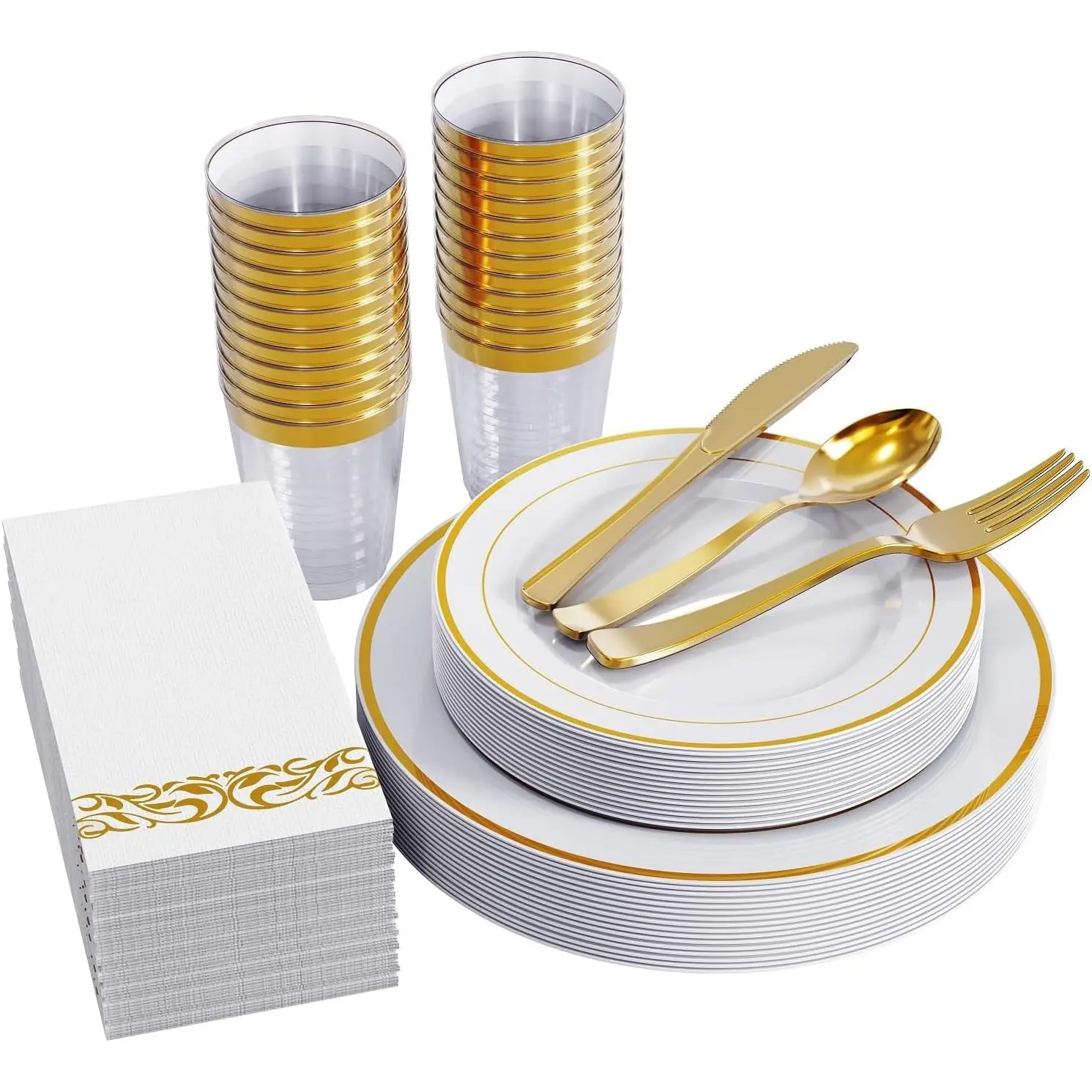 175 Count  Dinnerware Set for 25 Guests -  Rimmed White Disposable Plastic Plates Heavy Duty, Includes 25 Dinner & Salad Plates, Cups, Cutlery Set for Wedding Parties