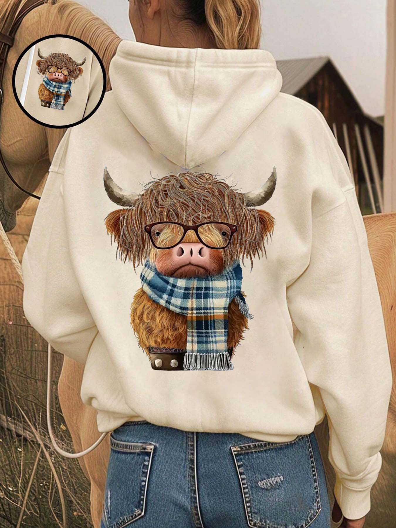 Cozy Fleece-Lined Printed Hooded Fitted Long Sleeves Sweatshirt, Funny Sweatshirt, Cute Highland Cow Animal Design, Unisex Casual Winter Fashion Womenswear with Soft Warm Plush Interior for Cold Weather Aesthetics, Casual Fitted Hoodie Cozy Fleece-Lined Printed Hooded Fitted Long Sleeves Sweatshirt, Funny Sweatshirt, Cute Highland Cow Animal Design, Unisex Casual Winter Fashion Womenswear with Soft Warm Plush Interior for Cold Weather Aesthetics, Casual Fitted Hoodie
