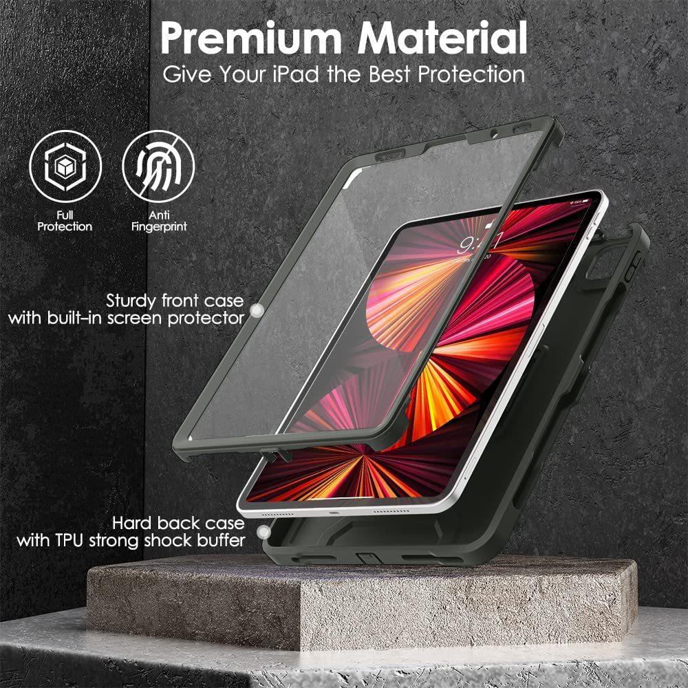Heavy Duty Shockproof Case for iPad Pro 11", iPad Air 4 5 (2021), Full Body Protective Cover with Built-in Screen Protector, Pencil Holder & Kickstand, Rugged Drop Proof Case for iPad Tablet
