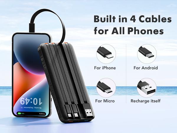 Charmast 20,000mAh Ultra-Slim Power Bank with 20W Fast Charging & Built-in Cables Portable Charger for Smartphones Tablets & USB-C Devices Rechargeable Battery Pack Black