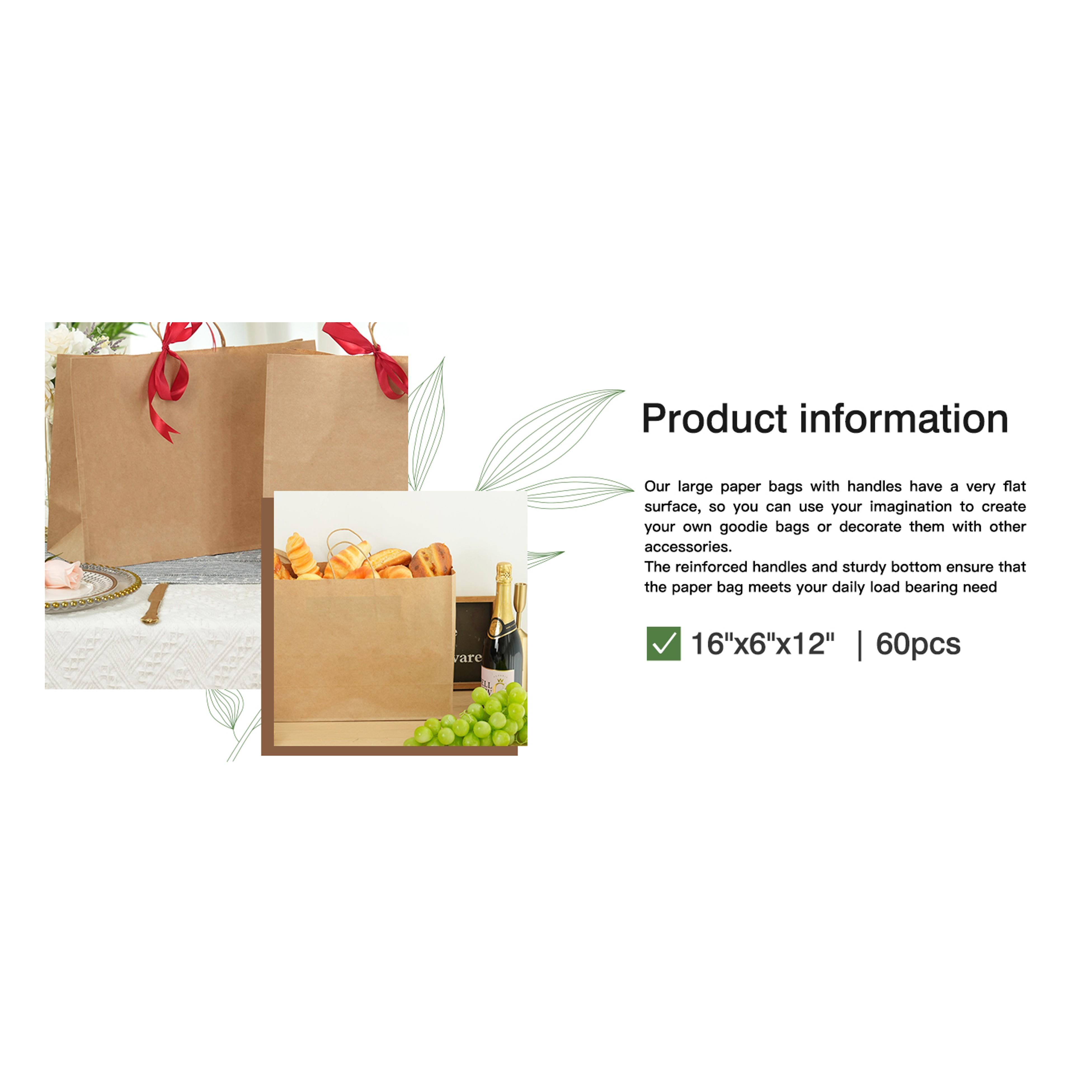 60pcs 16x6x12 Inch Large Kraft Paper Bags with Handles, Brown Gift Bags for Business Merchandise, Retail Store Use