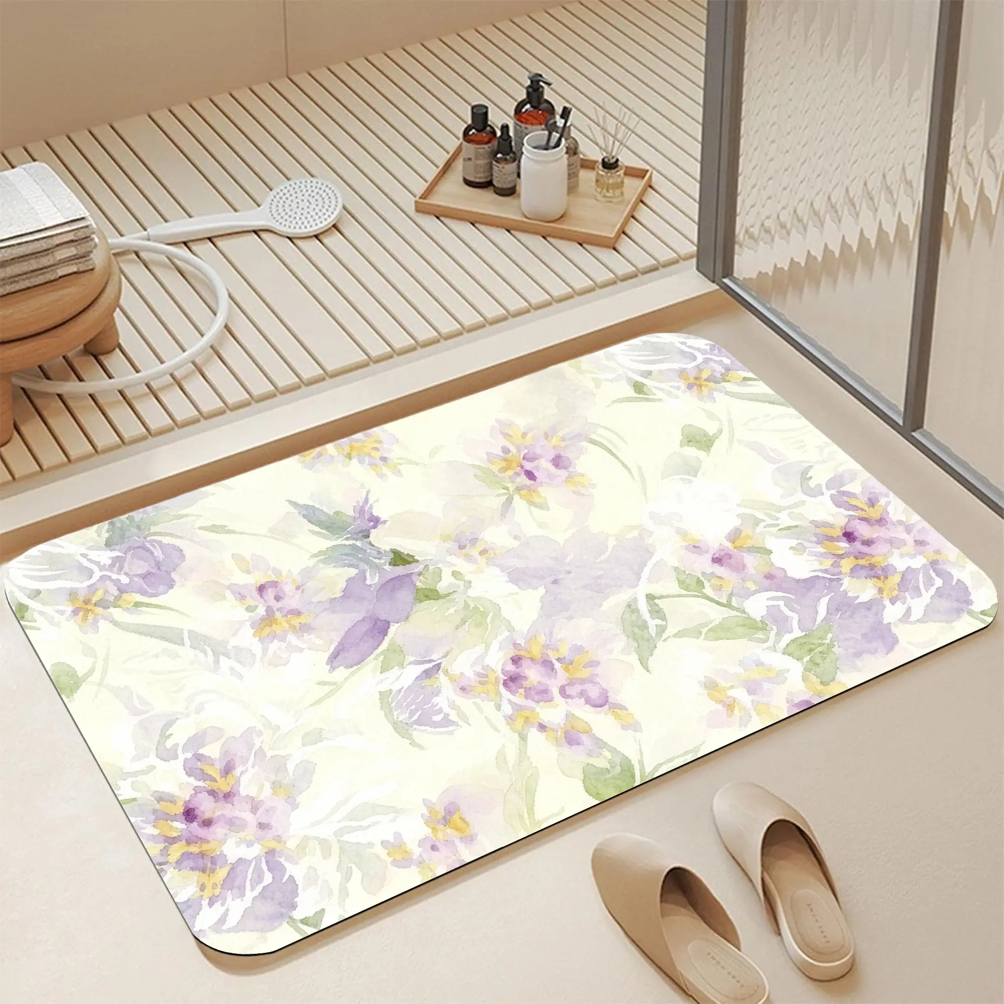 16*24" Cream Base Soft Purple Lavender Watercolor Floral Diatomite Bath Mat |   Quick Dry Non Slip Pastel Lilac Peony Watercolor Blossom Leaf Print Diatomaceous Earth Bath Mat Fast Water Absorbent Dreamy Cottagecore Pastel Floral Shower Rug anti mildew